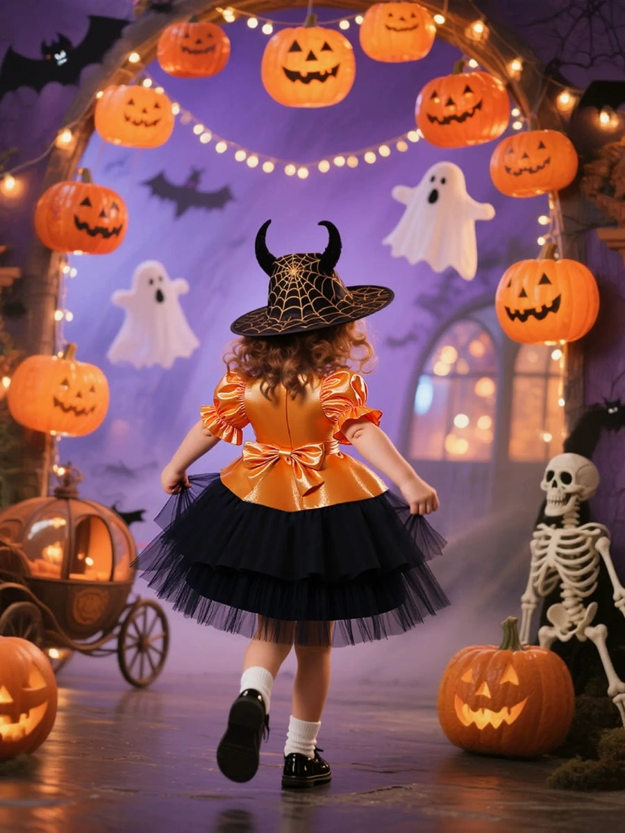 Tulle Ball Gown Square Neck Puff Sleeves Knee-Length Halloween Dresses for Girls With Bowknot
