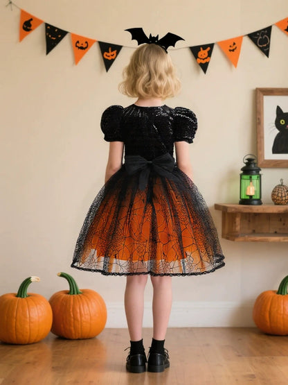 Tulle  Ball Gown Scoop Short Sleeves Knee-Length Halloween Dresses for Girls With Sequins