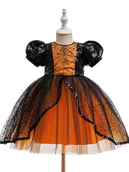 Tulle  Ball Gown Scoop Short Sleeves Knee-Length Halloween Dresses for Girls With Sequins
