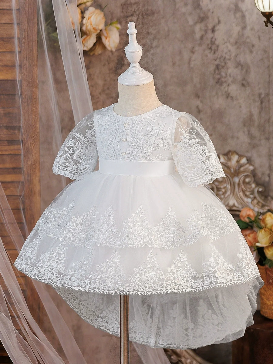 A-Line/Princess Scoop Half Sleeves Full Moon Dresses for Girls With Bowknot & Lace