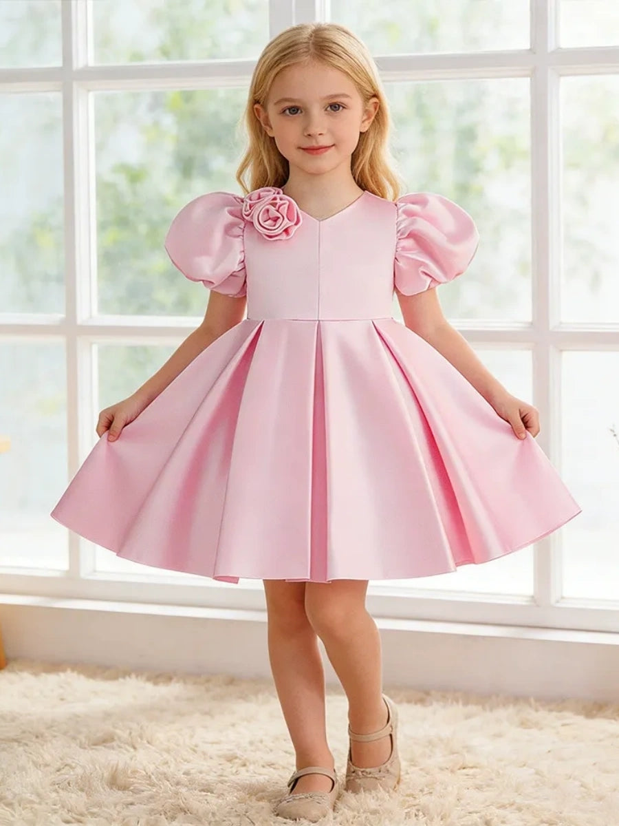 A-Line/Princess V-Neck Puff Sleeves Flower Girl Dresses With Bowknot & 3D Floral