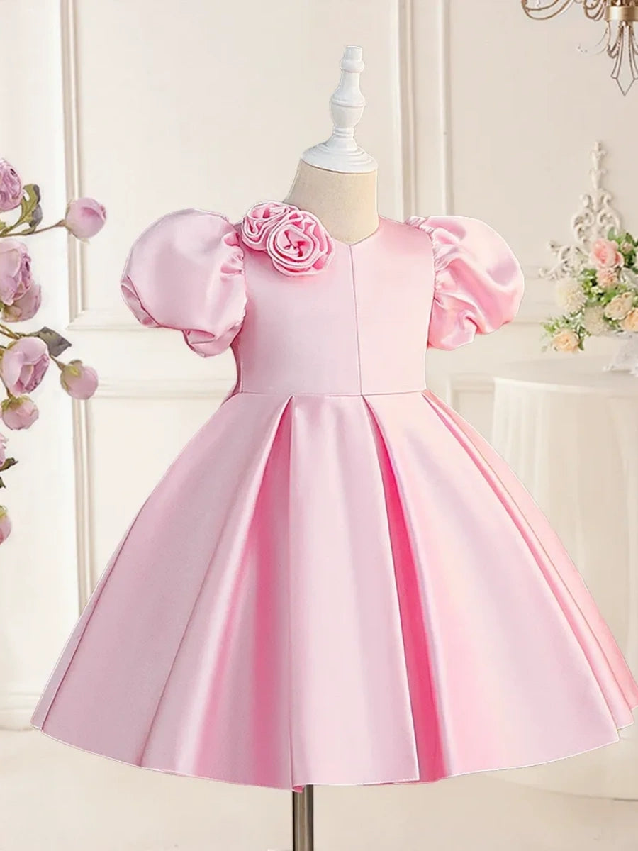 A-Line/Princess V-Neck Puff Sleeves Flower Girl Dresses With Bowknot & 3D Floral