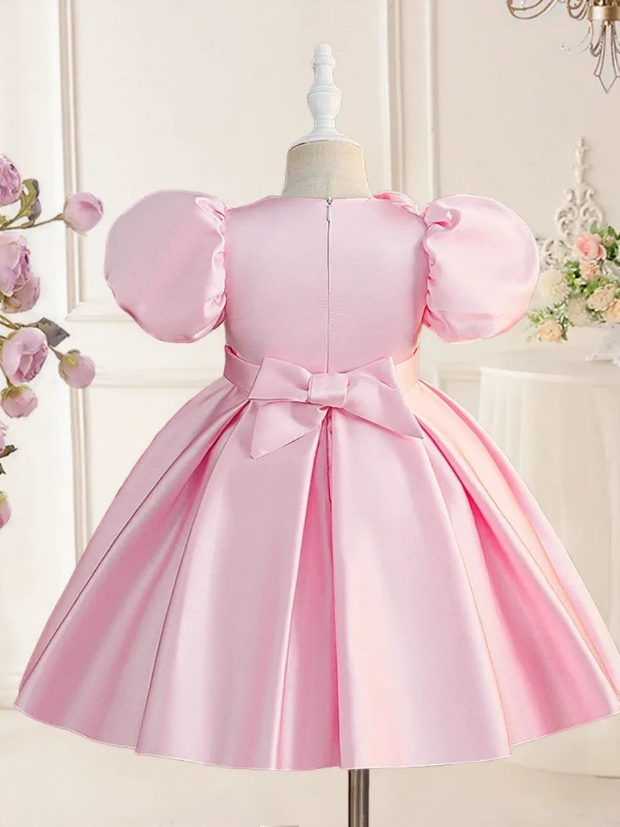 A-Line/Princess V-Neck Puff Sleeves Flower Girl Dresses With Bowknot & 3D Floral