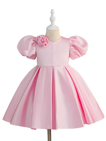 A-Line/Princess V-Neck Puff Sleeves Flower Girl Dresses With Bowknot & 3D Floral