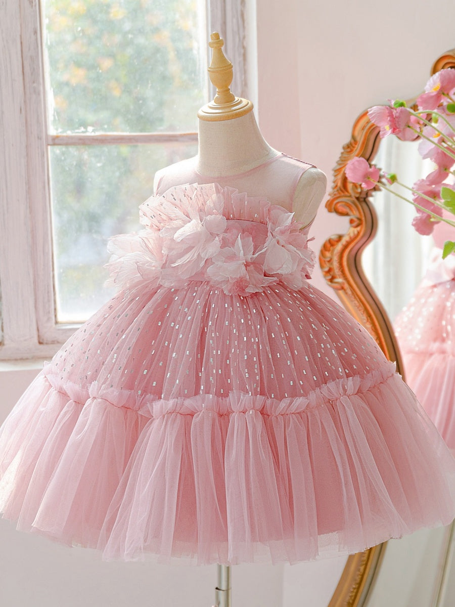 Ball Gown Scoop Sleeveless Ruched Flower Girl Dresses With 3D Floral & Bowknot