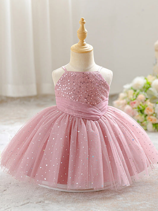 Ball Gown Spaghetti Straps Sleeveless Knee-Length Flower Girl Dresses With Sequins & Sash