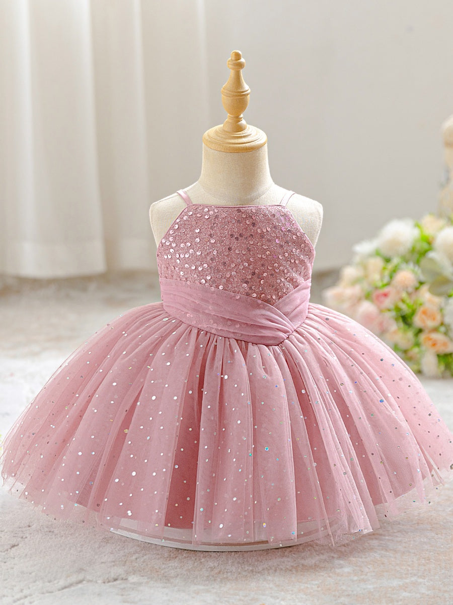 Ball Gown Spaghetti Straps Sleeveless Knee-Length Flower Girl Dresses With Sequins & Sash
