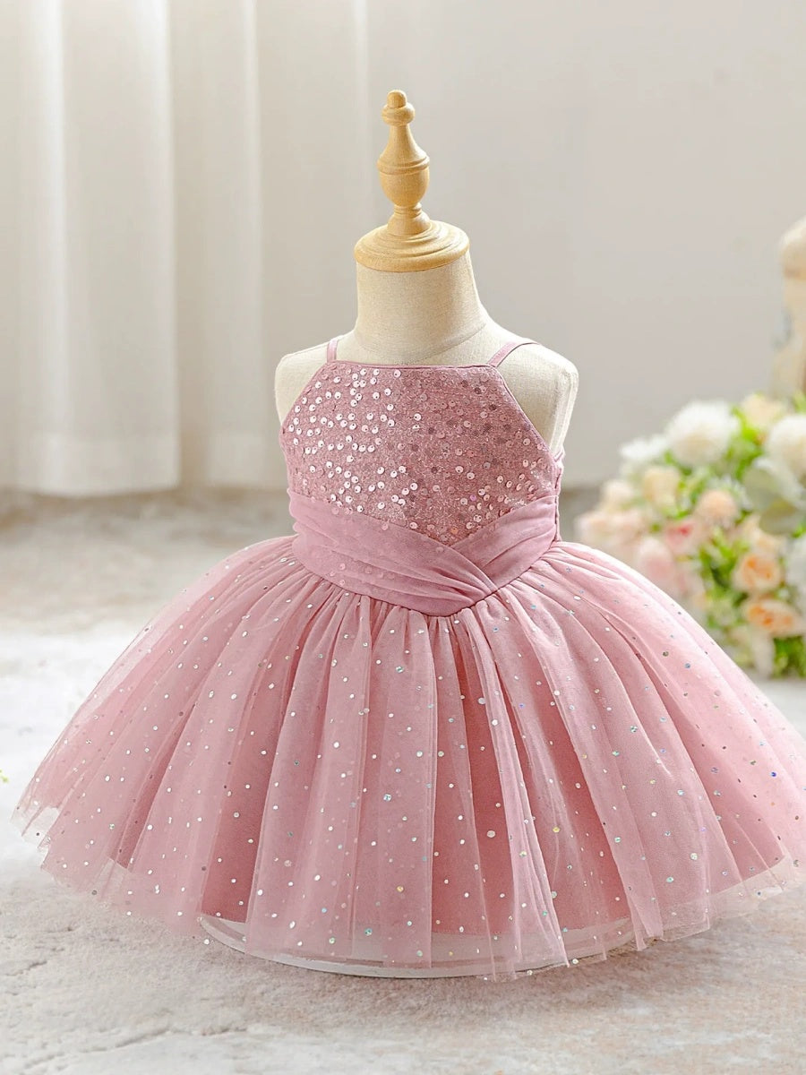 Ball Gown Spaghetti Straps Sleeveless Knee-Length Flower Girl Dresses With Sequins & Sash