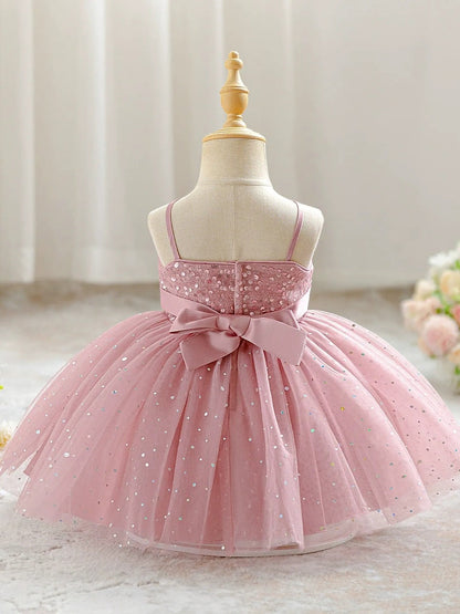 Ball Gown Spaghetti Straps Sleeveless Knee-Length Flower Girl Dresses With Sequins & Sash