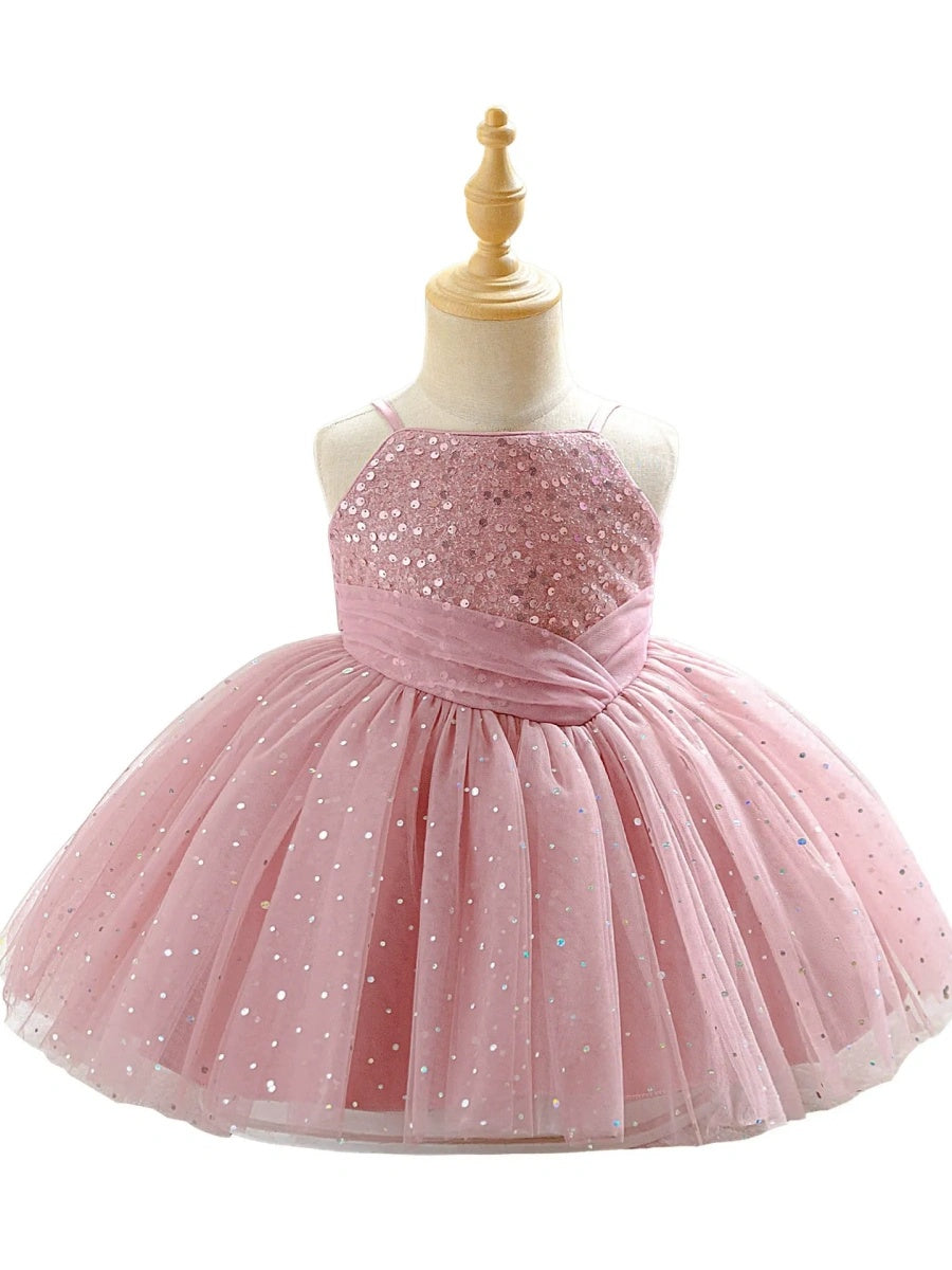 Ball Gown Spaghetti Straps Sleeveless Knee-Length Flower Girl Dresses With Sequins & Sash