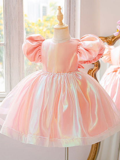 Ball Gown Scoop Puff Sleeves Knee-Length Flower Girl Dresses With Beading & Bowknot