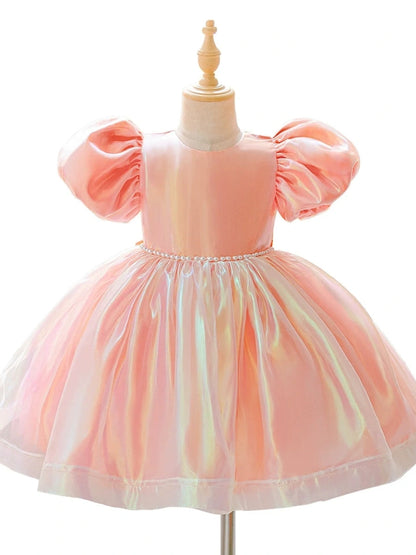 Ball Gown Scoop Puff Sleeves Knee-Length Flower Girl Dresses With Beading & Bowknot