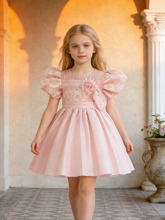 Ball Gown Scoop Puff Sleeves Knee-Length  Flower Girl Dresses With 3D Floral & Pearl