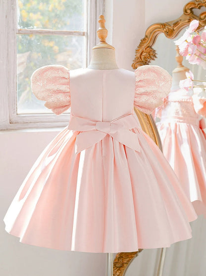 Ball Gown Scoop Puff Sleeves Knee-Length  Flower Girl Dresses With 3D Floral & Pearl