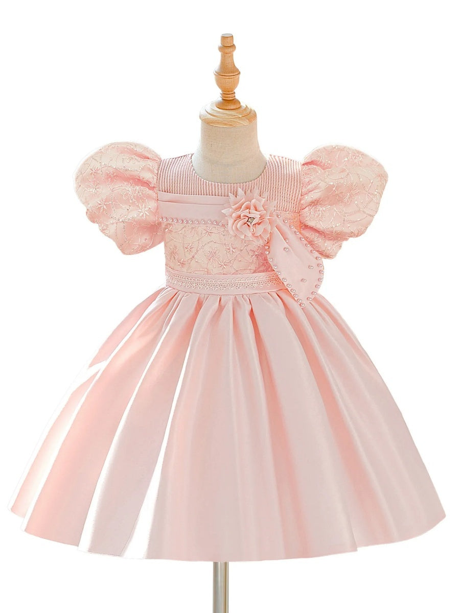 Ball Gown Scoop Puff Sleeves Knee-Length  Flower Girl Dresses With 3D Floral & Pearl