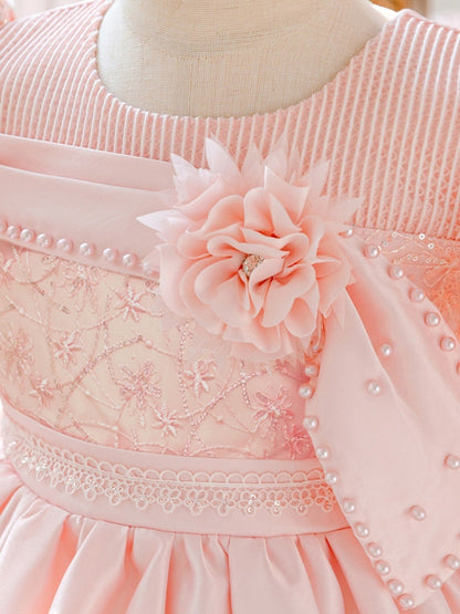Ball Gown Scoop Puff Sleeves Knee-Length  Flower Girl Dresses With 3D Floral & Pearl