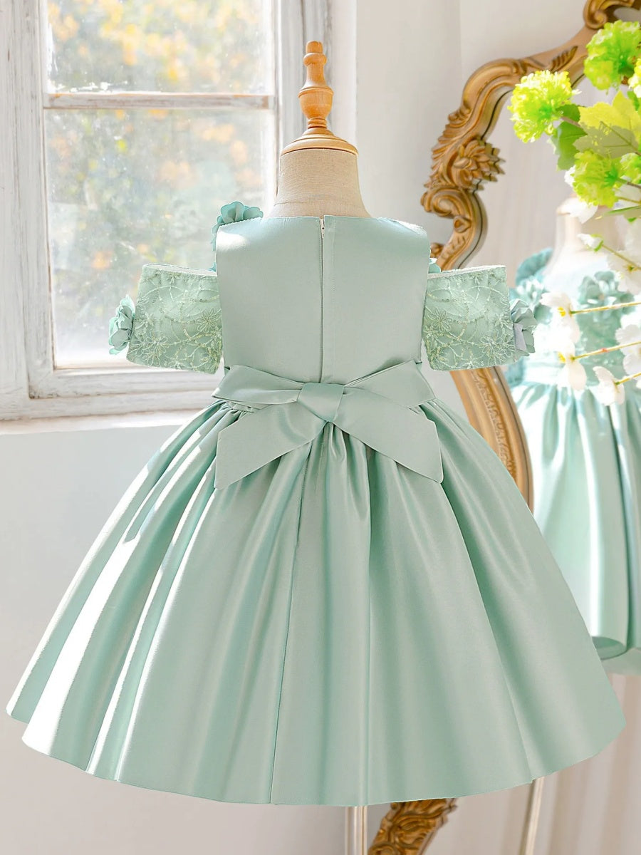 Ball Gown Scoop Short Sleeves Knee-Length  Flower Girl Dresses With 3D Floral & Applique