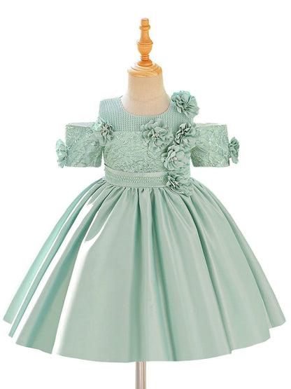 Ball Gown Scoop Short Sleeves Knee-Length  Flower Girl Dresses With 3D Floral & Applique