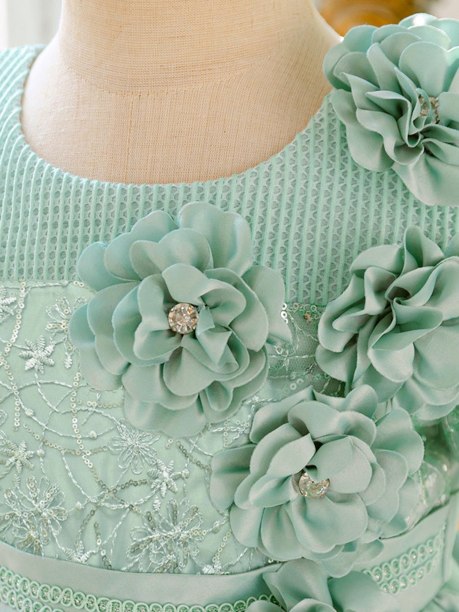 Ball Gown Scoop Short Sleeves Knee-Length  Flower Girl Dresses With 3D Floral & Applique
