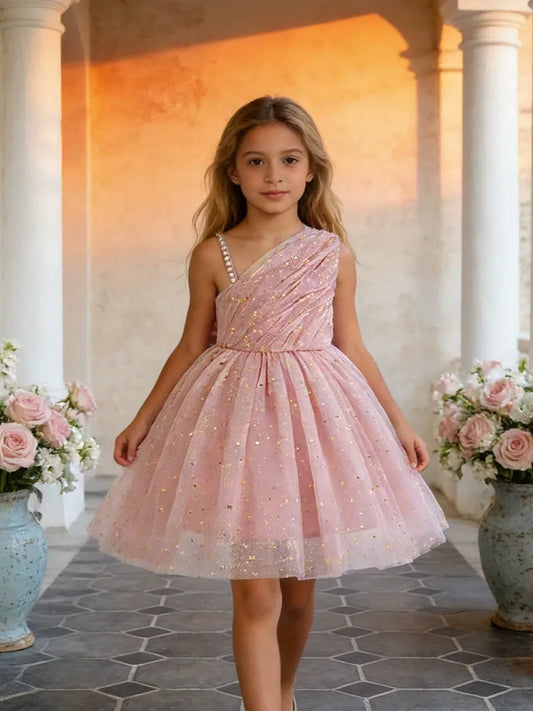 Ball Gown One-Shoulder Sleeveless Knee-Length  Flower Girl Dresses With 3D Floral & Pearl