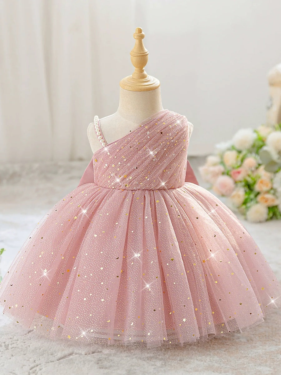 Ball Gown One-Shoulder Sleeveless Knee-Length  Flower Girl Dresses With 3D Floral & Pearl