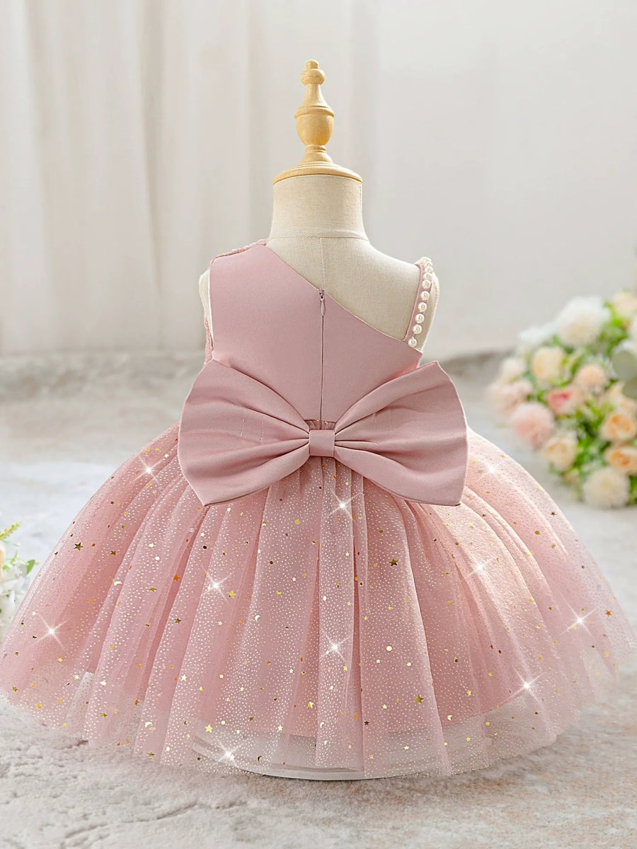 Ball Gown One-Shoulder Sleeveless Knee-Length  Flower Girl Dresses With 3D Floral & Pearl