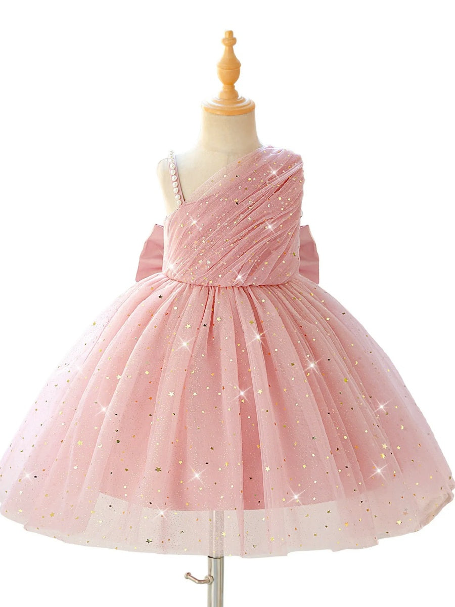 Ball Gown One-Shoulder Sleeveless Knee-Length  Flower Girl Dresses With 3D Floral & Pearl