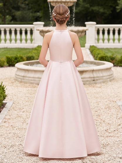 A-Line/Princess  Crew Neck Sleeveless  Satin  Floor-Length  Junior Bridesmaid Dresses  with 3D Flower