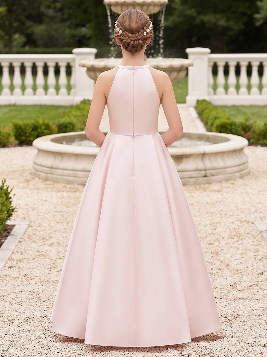 A-Line/Princess  Crew Neck Sleeveless  Satin  Floor-Length  Junior Bridesmaid Dresses  with 3D Flower