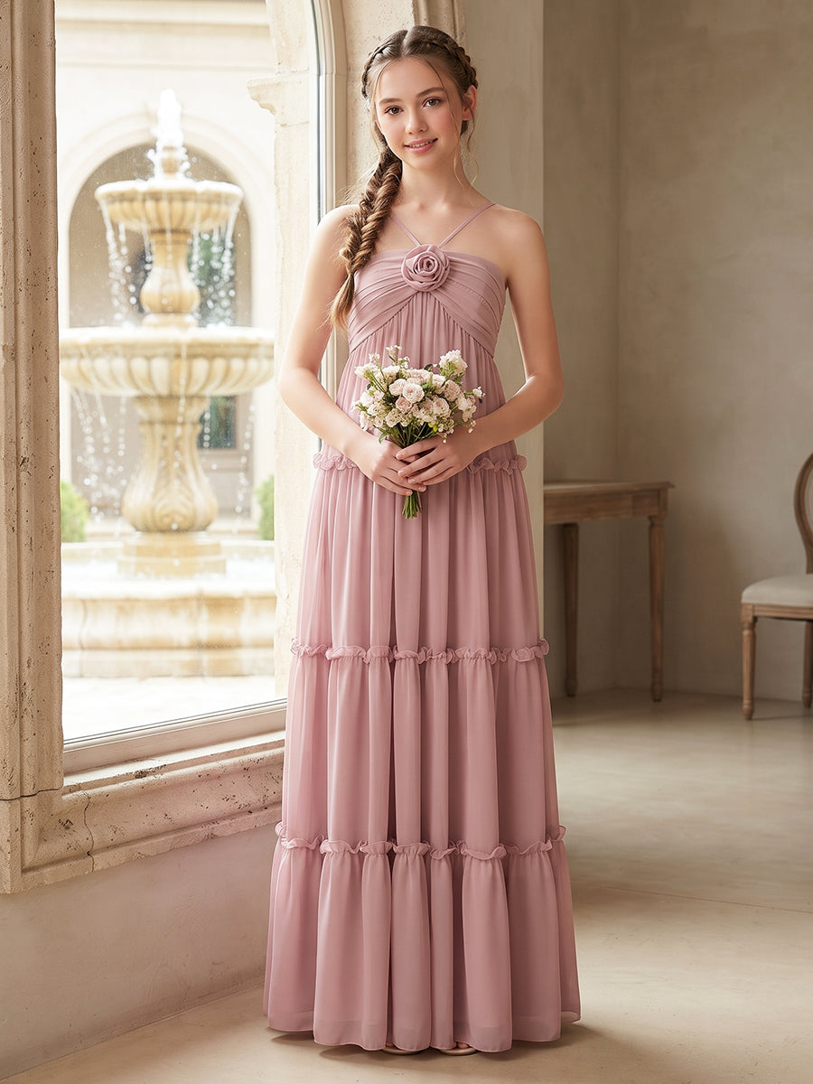 A-Line/Princess  Halter  Sleeveless  Chiffon  Floor-Length  Junior Bridesmaid Dresses  with Sequins & Watteau Train