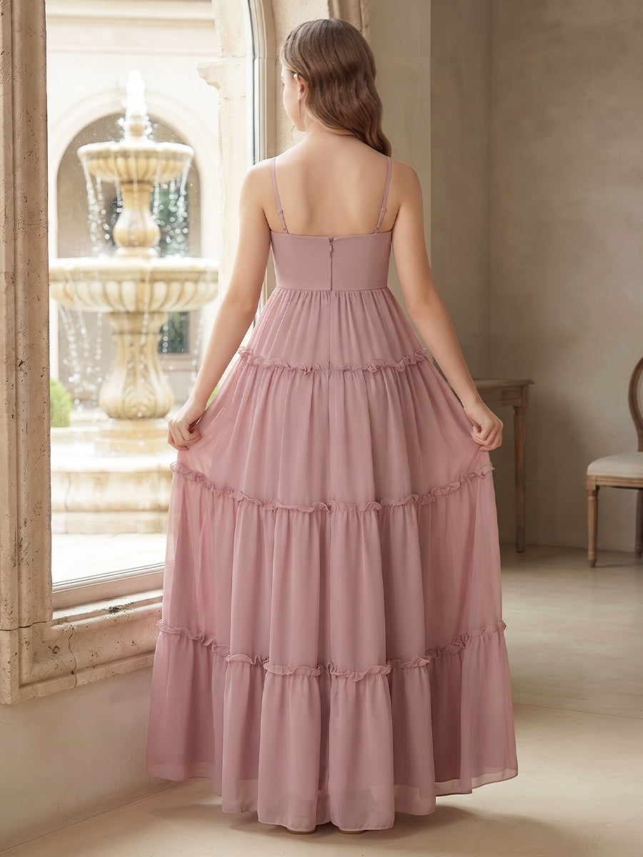 A-Line/Princess  Halter  Sleeveless  Chiffon  Floor-Length  Junior Bridesmaid Dresses  with Sequins & Watteau Train