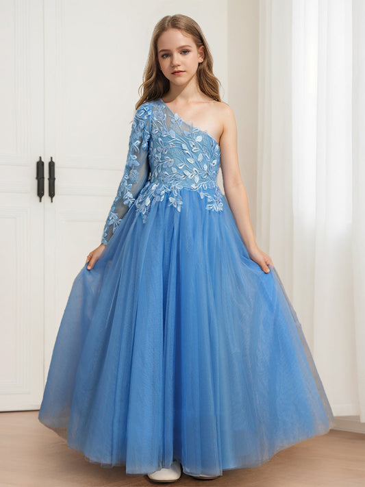 A-Line/Princess One-Shoulder Long Sleeve Tulle Flower Girl Dresses with Appliques