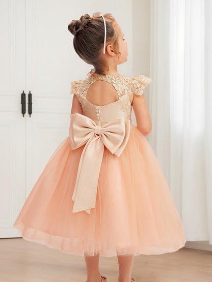 A-Line/Princess Scoop Tea-Length Tulle Flower Girl Dresses with Pearls