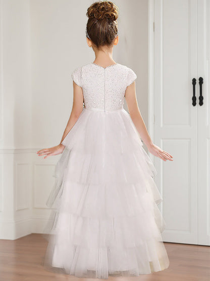 A-Line/Princess Scoop Sequin Tulle Flower Girl Dresses with Ruffles