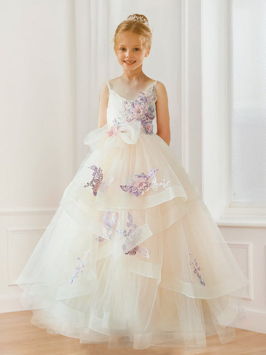 A-Line/Princess Straps V-Neck Tulle Flower Girl Dresses with Embroidery Floral