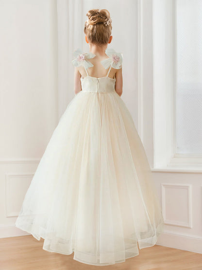 A-Line/Princess Straps V-Neck Tulle Flower Girl Dresses with Embroidery Floral
