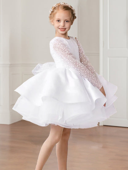 A-Line/Princess Scoop Neck Long Sleeves Short Ruffle Flower Girl Dresses with Polka Dot