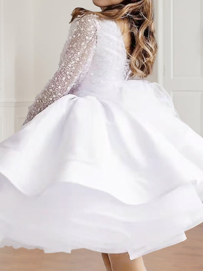 A-Line/Princess Scoop Neck Long Sleeves Short Ruffle Flower Girl Dresses with Polka Dot