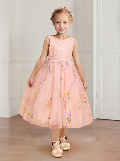 A-Line/Princess Scoop Neck Lace Tulle Flower Girl Dresses with Floral Embroidery