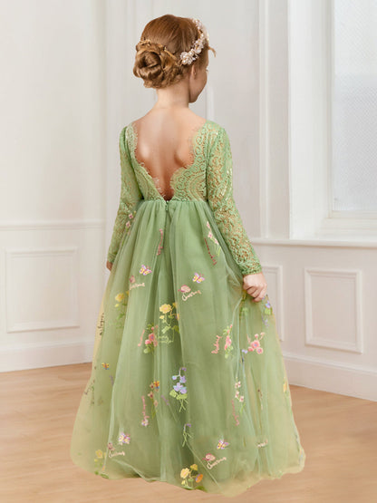 A-Line/Princess Scoop Neck Long Sleeves Tulle Flower Girl Dresses with Floral Embroidery