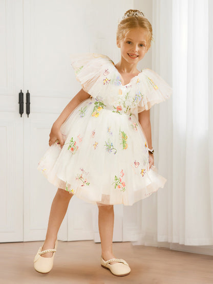 A-Line/Princess V-Neck Flutter Sleeves Tulle Flower Girl Dresses with Floral Embroidery