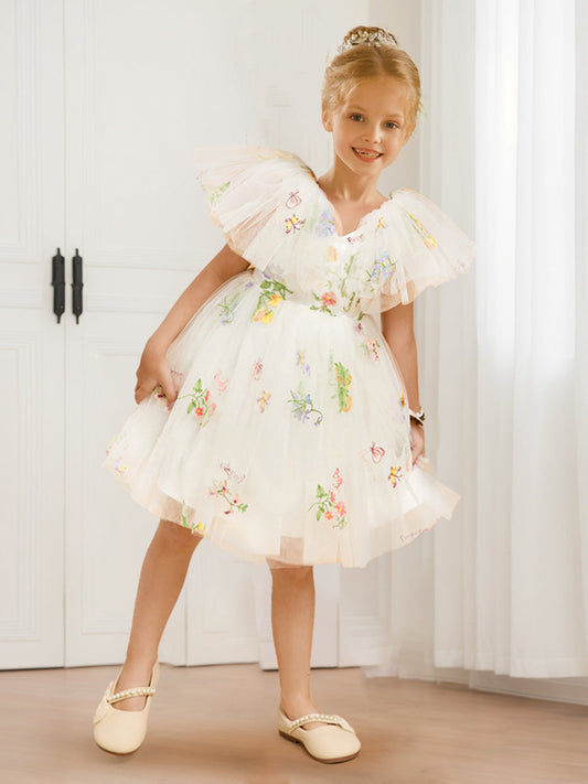 A-Line/Princess V-Neck Flutter Sleeves Tulle Flower Girl Dresses with Floral Embroidery