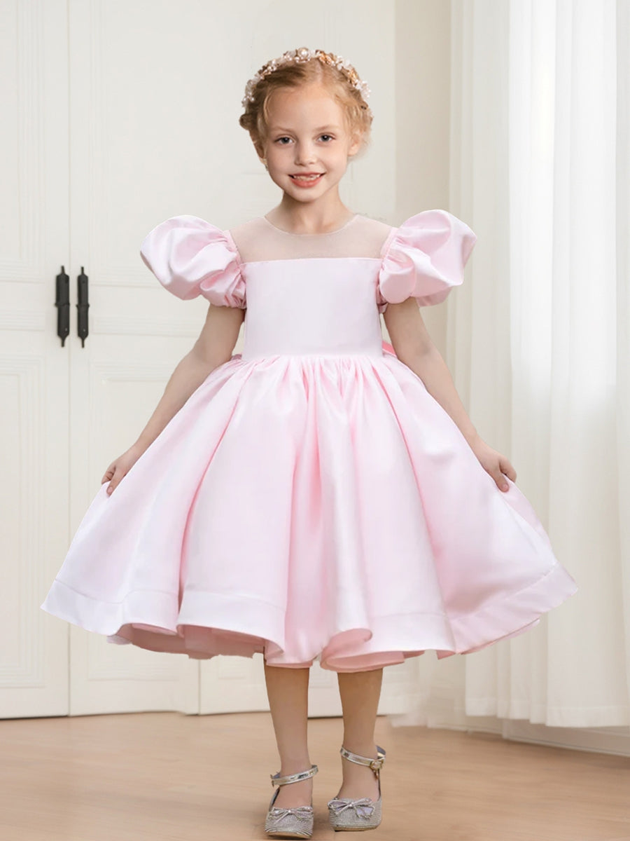 A-Line/Princess Crew Neck Puff Sleeves Knee-Length Satin Flower Girl Dresses