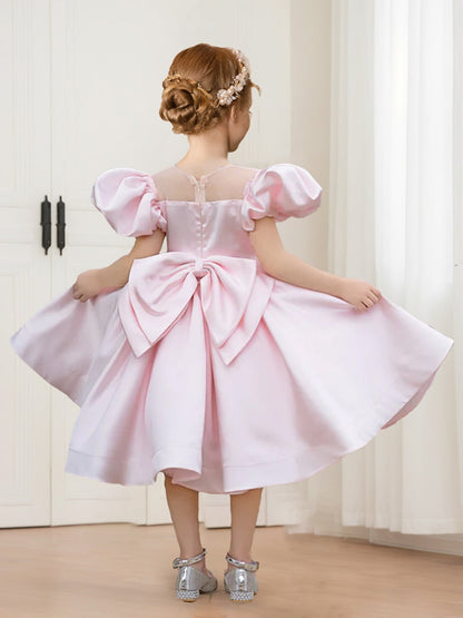 A-Line/Princess Crew Neck Puff Sleeves Knee-Length Satin Flower Girl Dresses