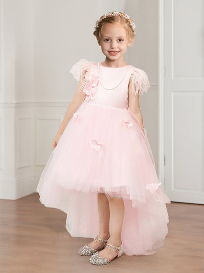 A-Line/Princess Scoop Sleeveless High-Low Tulle Flower Girl Dresses with Beading and Feather