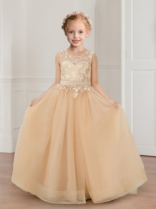 Ball-Gown/Princess Scoop Appliques Tulle Flower Girl Dresses with Detachable Train