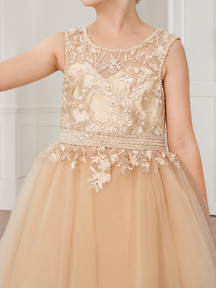 Ball-Gown/Princess Scoop Appliques Tulle Flower Girl Dresses with Detachable Train