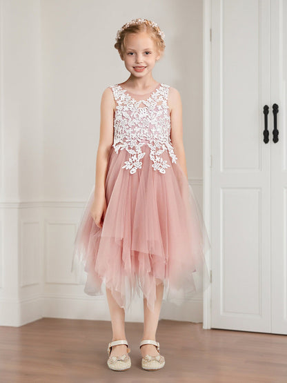 Ball-Gown/Princess Scoop Tea- Length Tulle Flower Girl Dresses with Appliques