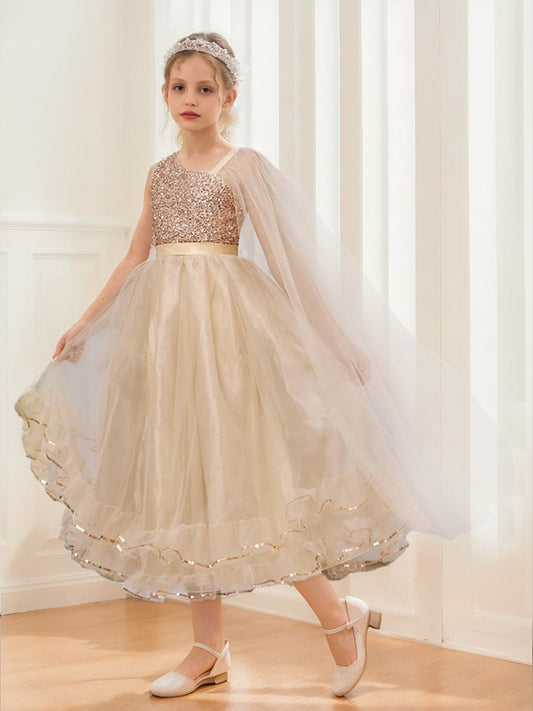 Ball-Gown/Princess Asymmetrical One-Shoulder Sleeveless Sequin Girl Party Dresses with Cape