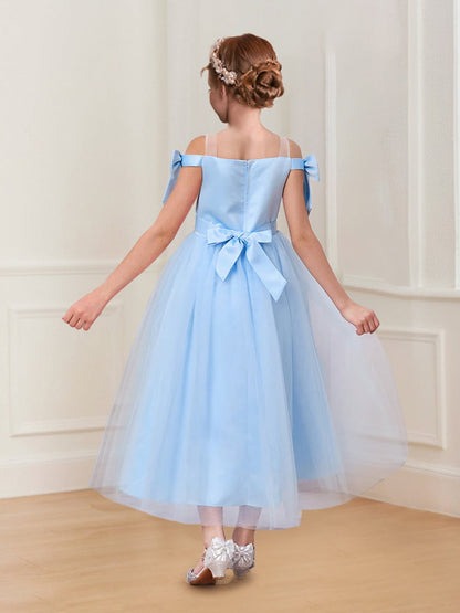 Ball-Gown/Princess Off-the-Shoulder Beaded Tulle Girl Party Dresses with Bow